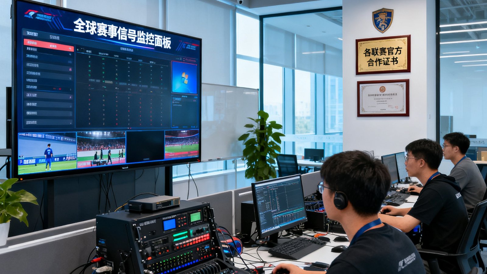 直播屋技术团队在现代化开放式办公区内协作，大屏幕上显示全球赛事信号监控面板，工程师们正在调试直播编码设备，墙上挂着各联赛官方合作证书。